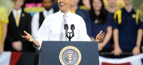 President Obama greets an audience of 3,000 at the Al Glick Fieldhouse on Friday morning.  Melanie Maxwell I AnnArbor.com